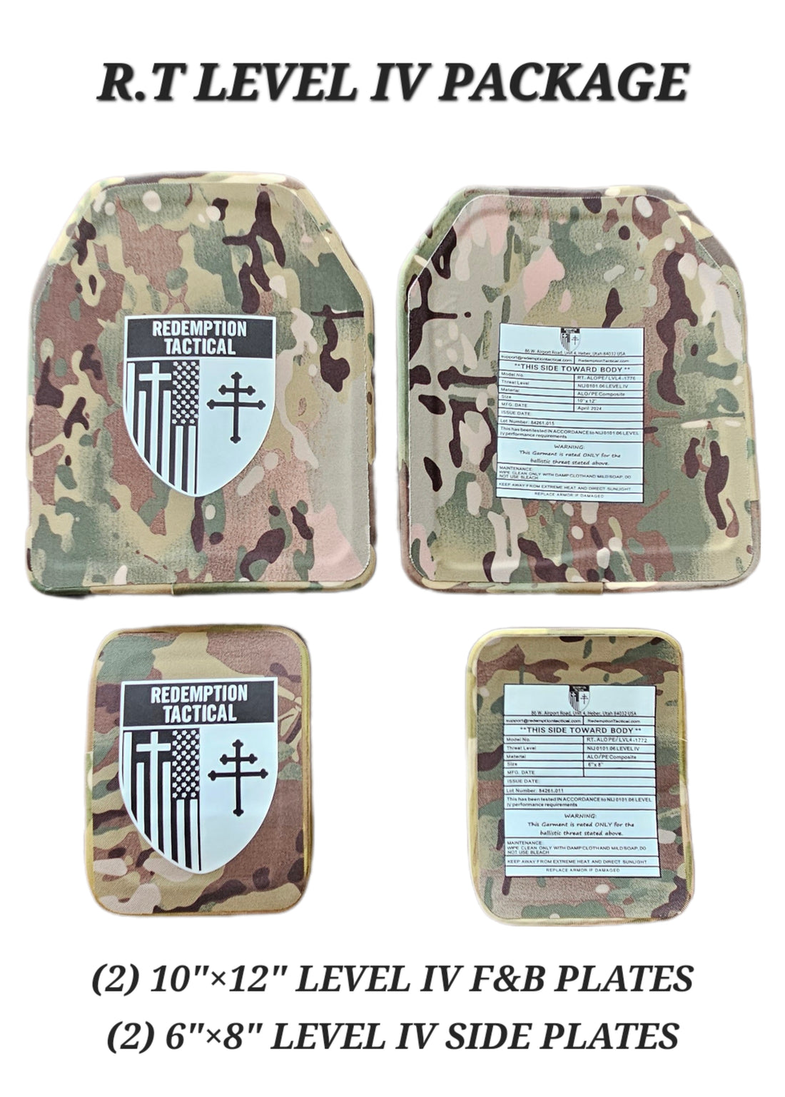 Redemption Tactical CRUSADER 2.0® V4 ARMOR FULL KIT COMBO PACKAGE LIGHTWEIGHT LEVEL IV  (2) 10x12 Front/Back Plates (2) 6x8 Side Plates (Level III PE)