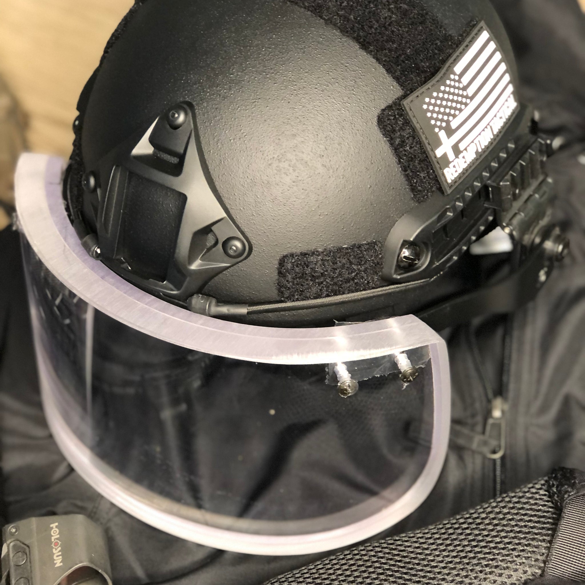 Level IIIA Ballistic Glass Face Shield with Helmet ARC Rail Mount